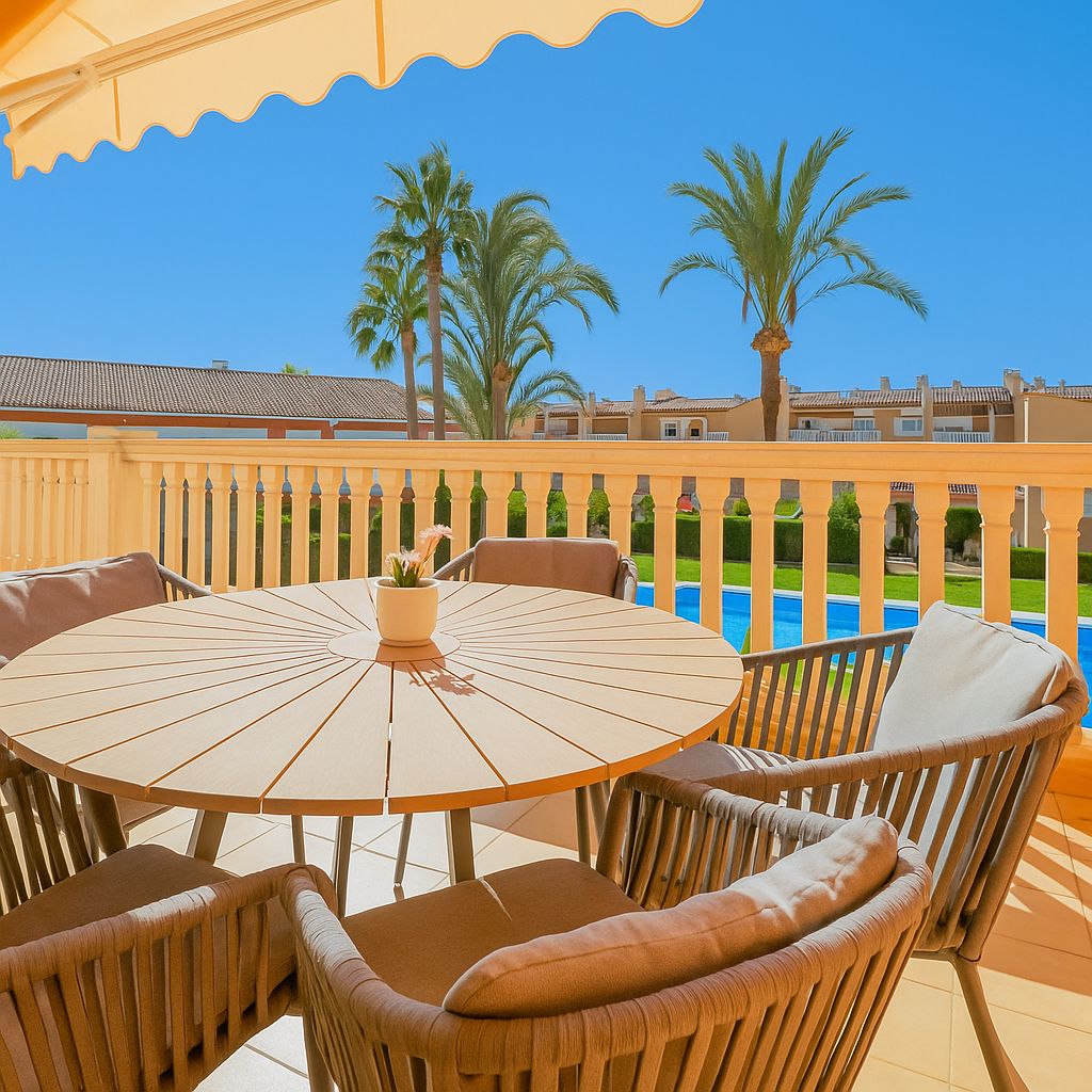 Terrasse mit rundem Holztisch und geflochtenen Sesseln, mit Blick auf den Gemeinschaftspool und Palmen. Eine gelbe Markise spendet Schatten.