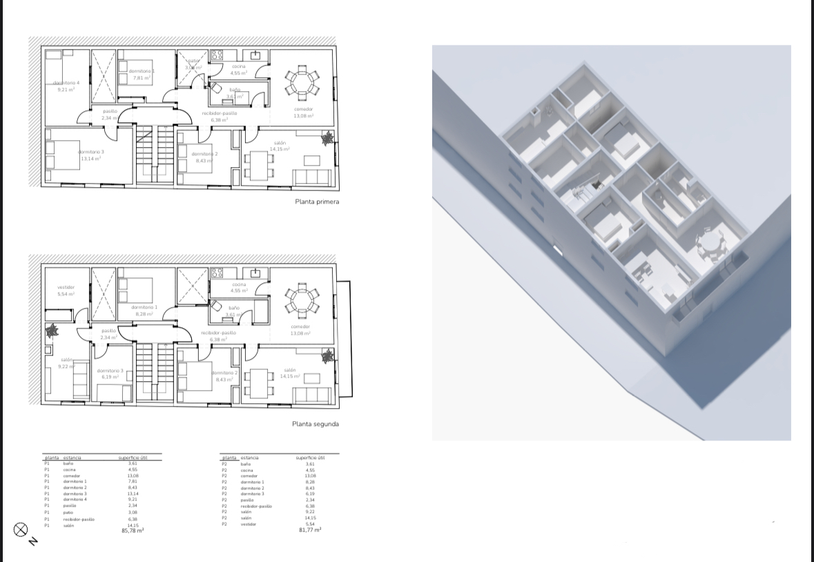 Detaillierte architektonische Grundrisse und ein isometrisches 3D-Modell, das die Aufteilung von zwei Wohnetagen mit Schlafzimmern, Wohnbereichen und zentraler Treppe zeigt.