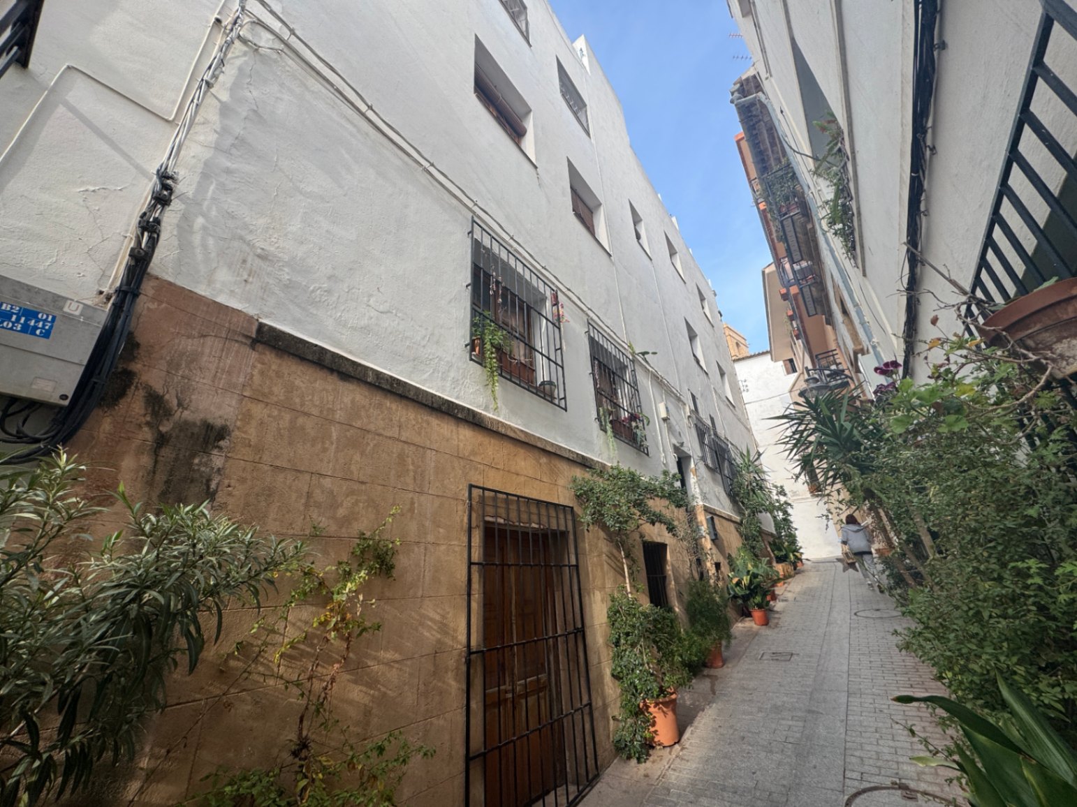 Schmale gepflasterte Gasse mit traditionell weiß getünchten Fassaden, Steinsockel, schmiedeeisernen Fenstergittern und dekorativen Topfpflanzen.