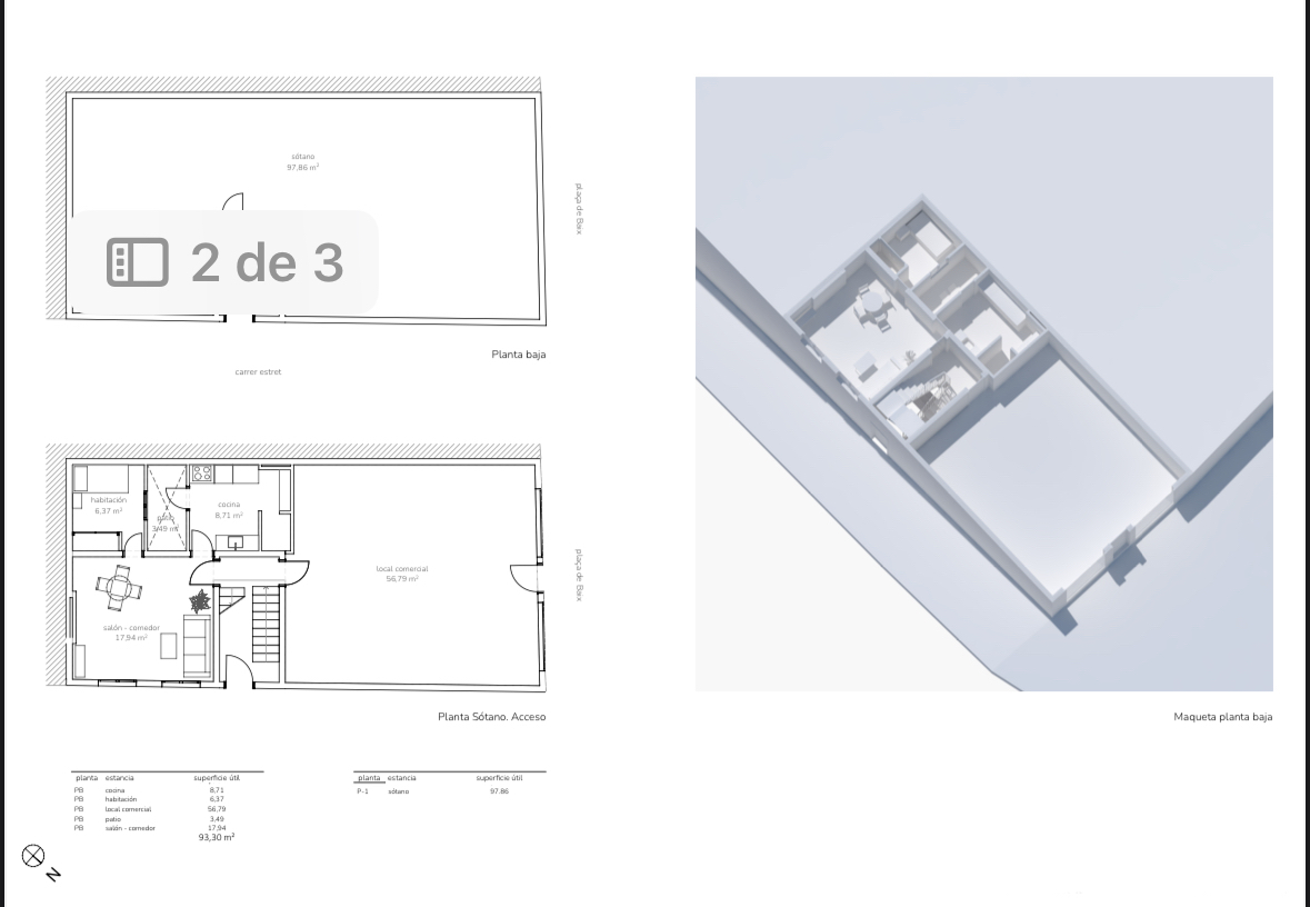 Technische Grundrisse und 3D-Modell der Erdgeschossaufteilung mit Gewerbefläche, Wohn-Essbereich, Küche und einem großzügigen, 97 m² großen Kellergeschoss.