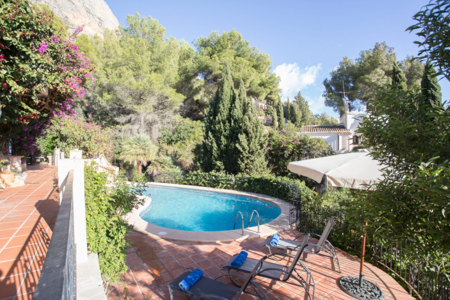 Außenpool in Nierenform, umgeben von einer Terrasse aus Terrakottafliesen, mit Sonnenliegen und üppiger mediterraner Vegetation aus Pinien und Zypressen.