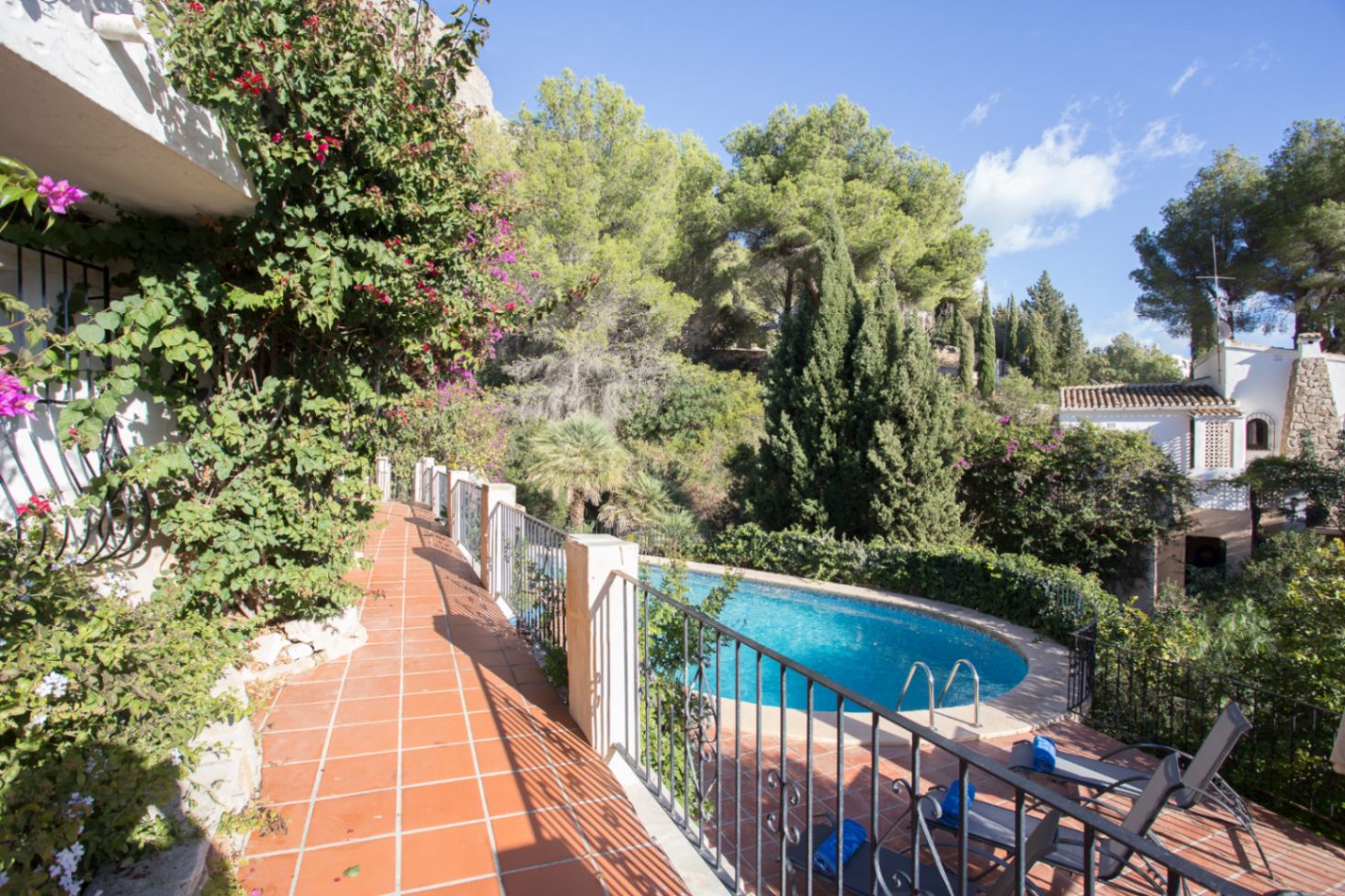 Erhöhte Terrasse mit Terrakottafliesen und Schmiedeeisengeländer mit Blick auf einen nierenförmigen Pool, umgeben von Pinien und mediterraner Vegetation.
