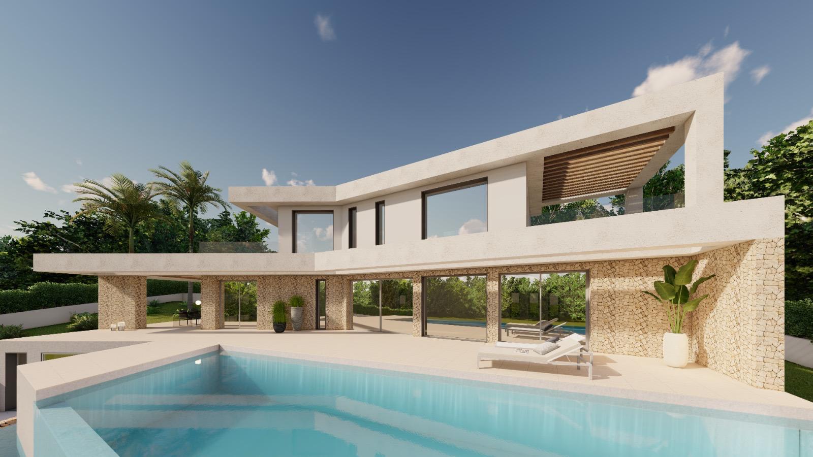 Moderne zweistöckige Villa mit Natursteinfassade im Erdgeschoss, Holzpergola auf der oberen Terrasse und einem großen Poolbereich inmitten grüner Umgebung.