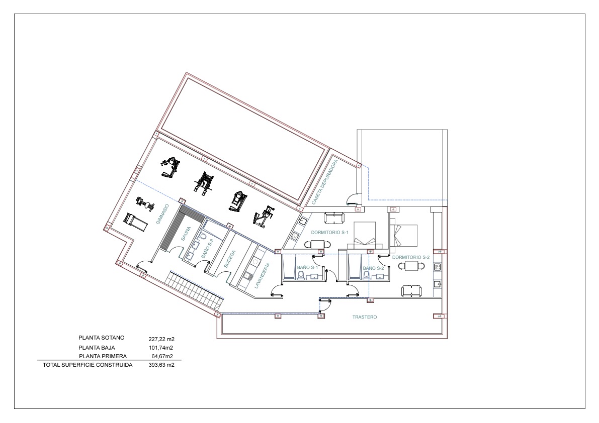 Technischer Grundriss des Kellergeschosses mit Fitnessbereich, Sauna, Weinkeller, Waschraum sowie zwei Schlafzimmern mit En-Suite-Badezimmern.
