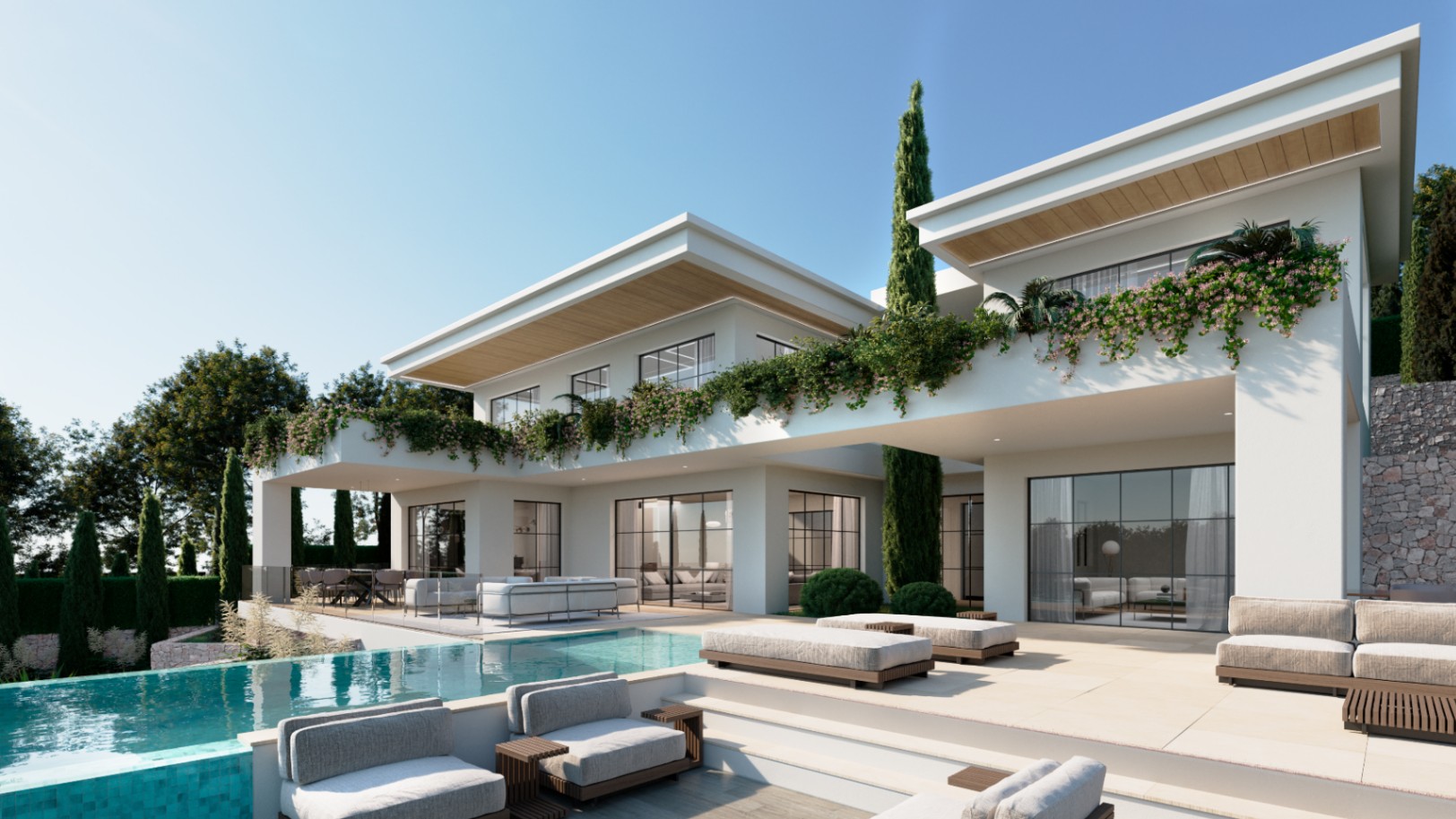 Außenansicht einer modernen Villa mit Infinity-Pool, minimalistischen Loungemöbeln, weißen Fassaden und mit Kletterpflanzen begrünten Terrassen.