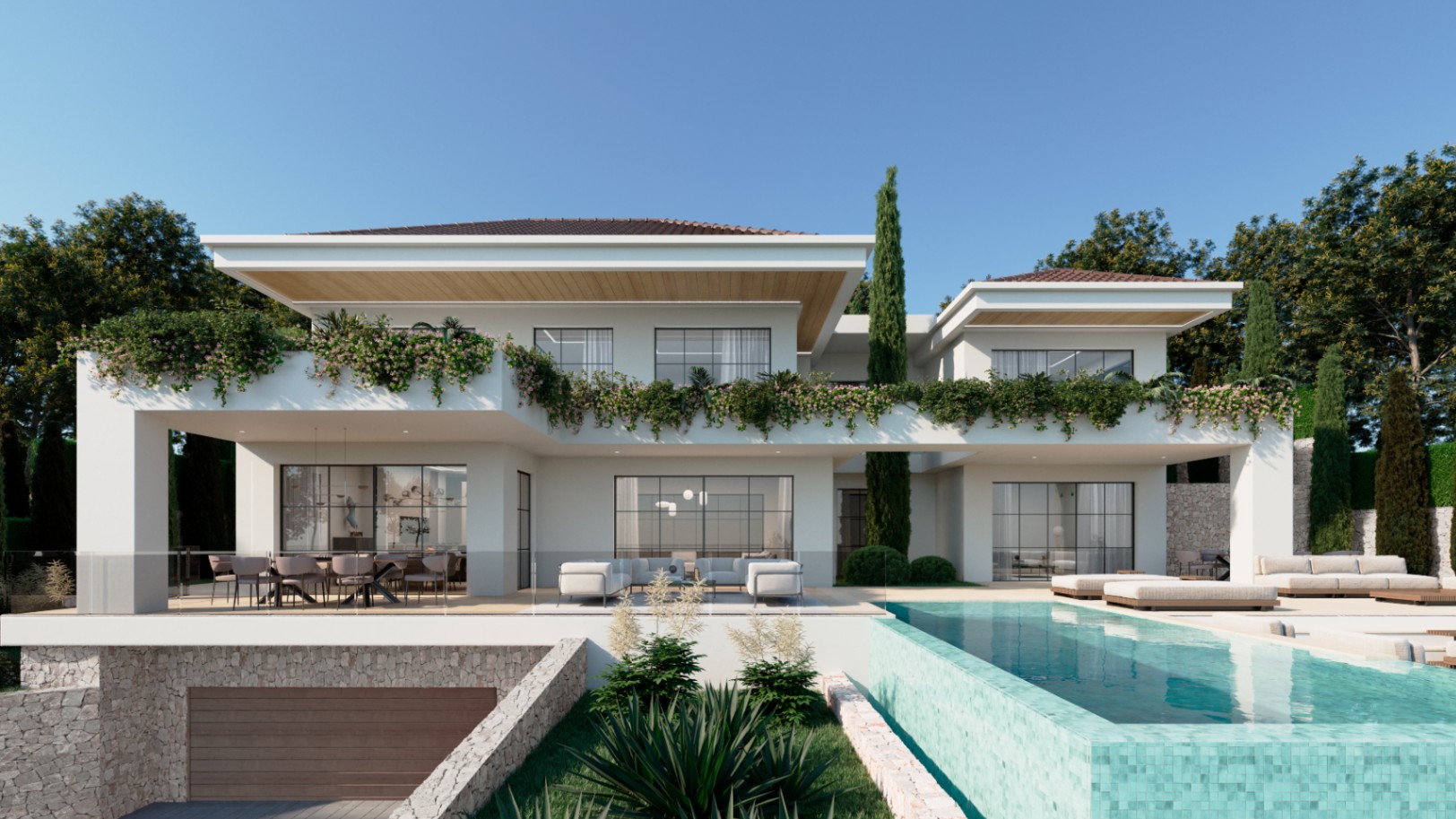 Moderne zweistöckige Villa mit Infinity-Pool, großzügiger Terrasse mit Außen-Essbereich und weißer Fassade, ergänzt durch Holzuntersichten und Begrünung.