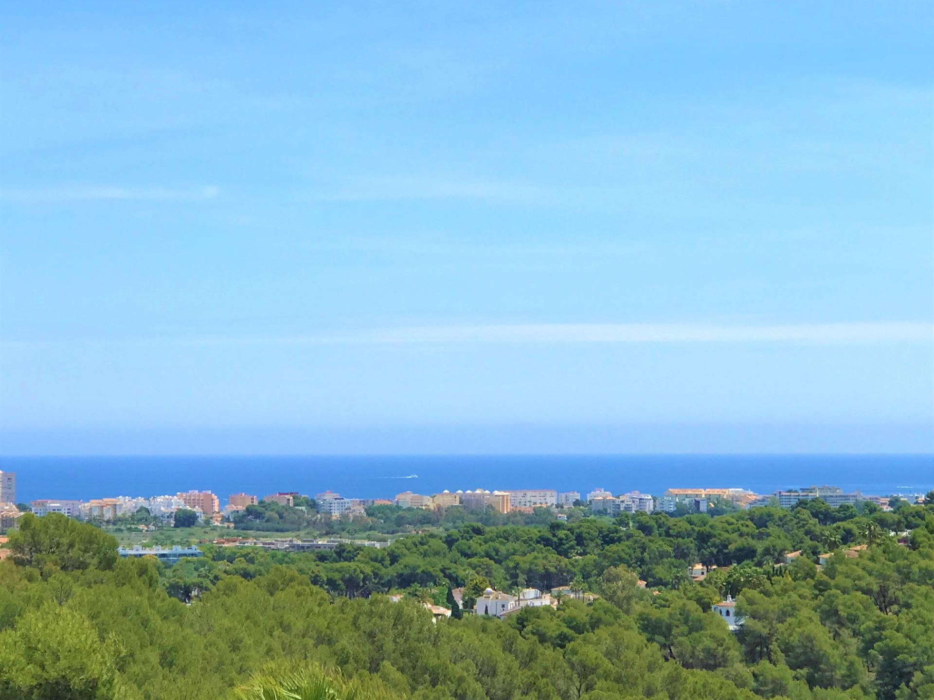 Panoramablick auf die Mittelmeerküste mit einem dichten Pinienwald im Vordergrund und Küstenarchitektur vor einem klaren blauen Horizont.