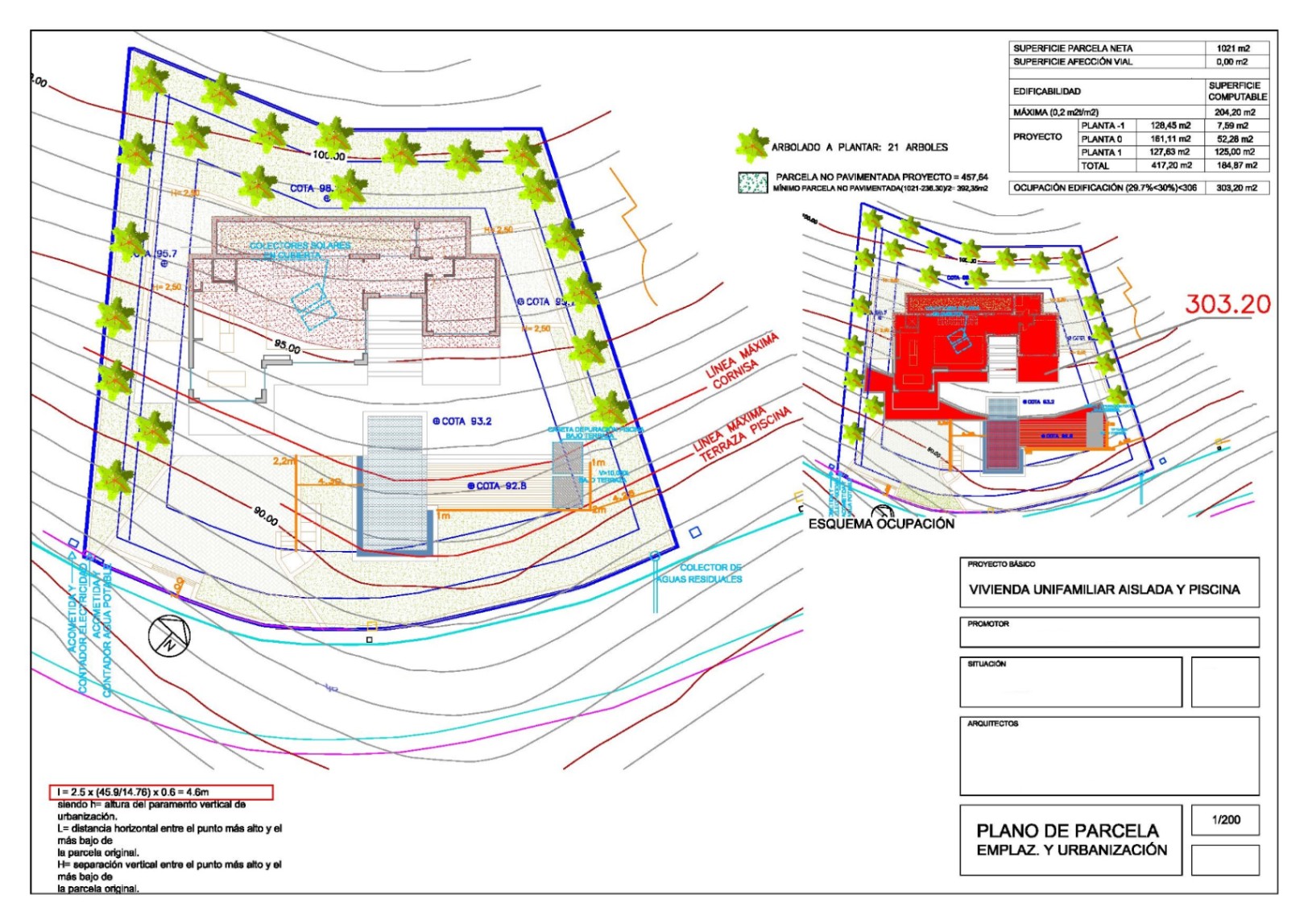 Technischer Lage- und Erschließungsplan mit Darstellung der Topografie, des Gebäudegrundrisses, des Poolbereichs und der Anordnung von 21 neu zu pflanzenden Bäumen.