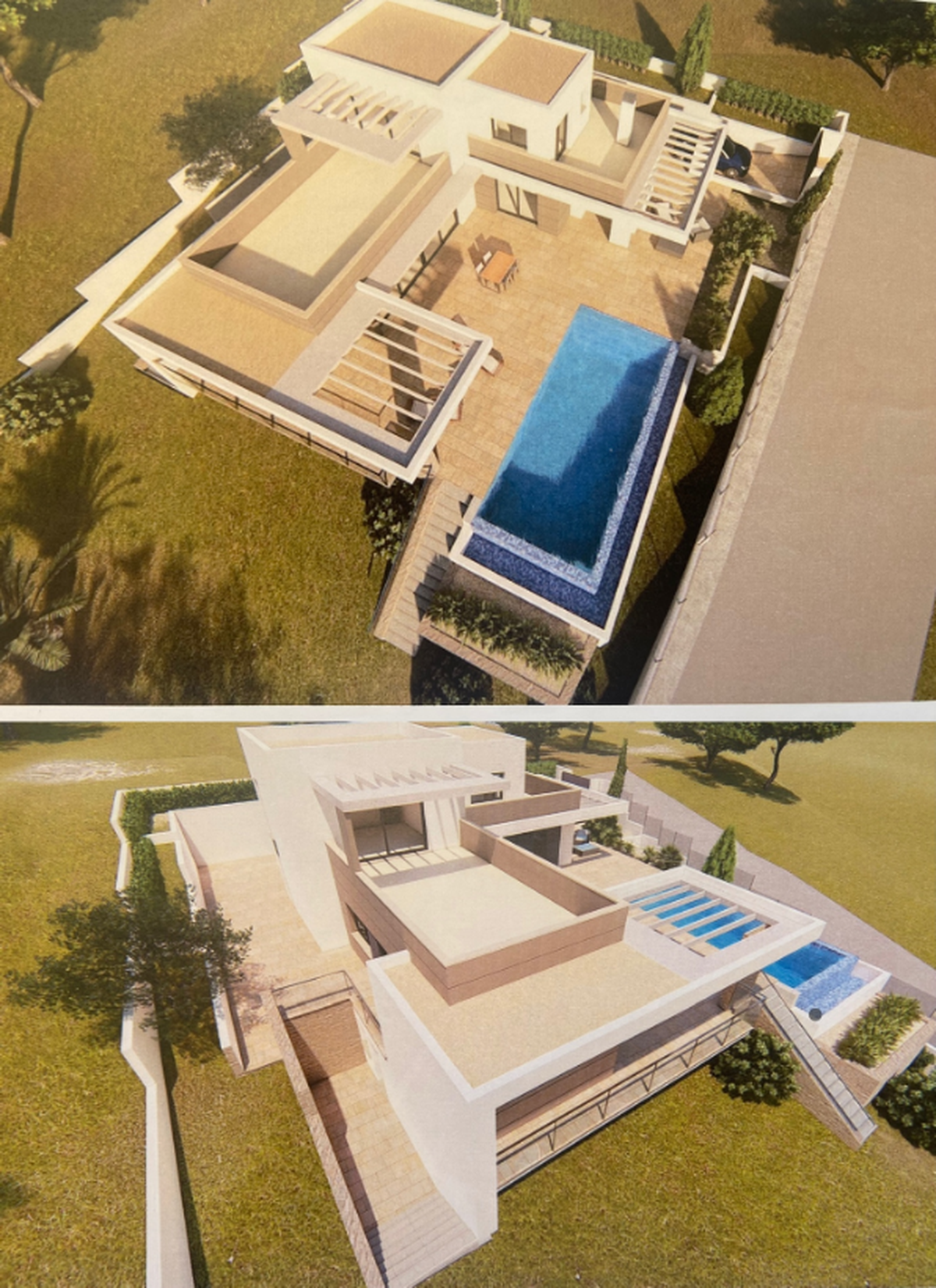 Architektur-Rendering einer modernen Villa auf mehreren Ebenen mit Infinity-Pool, weitläufigen Steinterrassen und integrierten Pergolen in einem angelegten Garten.