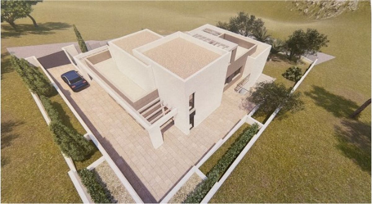 Luftaufnahme einer modernen kubischen Villa mit hellen Steinfassaden, integrierten Pergolen und gepflasterter Einfahrt in einer mediterran gestalteten Gartenanlage.