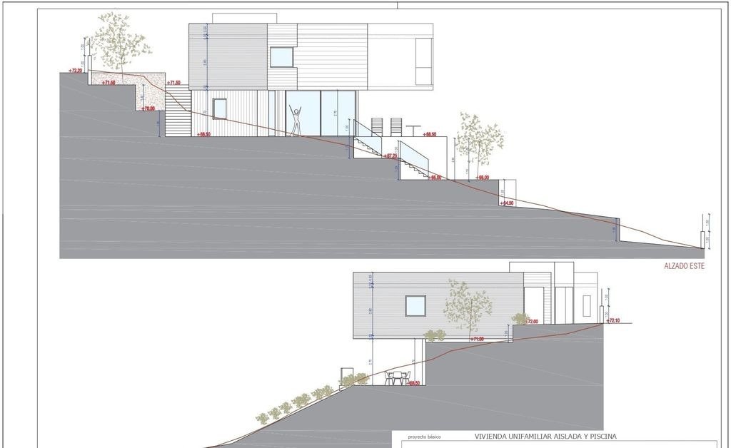 Architektonische Ansichtszeichnung einer modernen Villa am Hang mit auskragenden Baukörpern, gestuften Ebenen und Außentreppen entlang des Geländes.