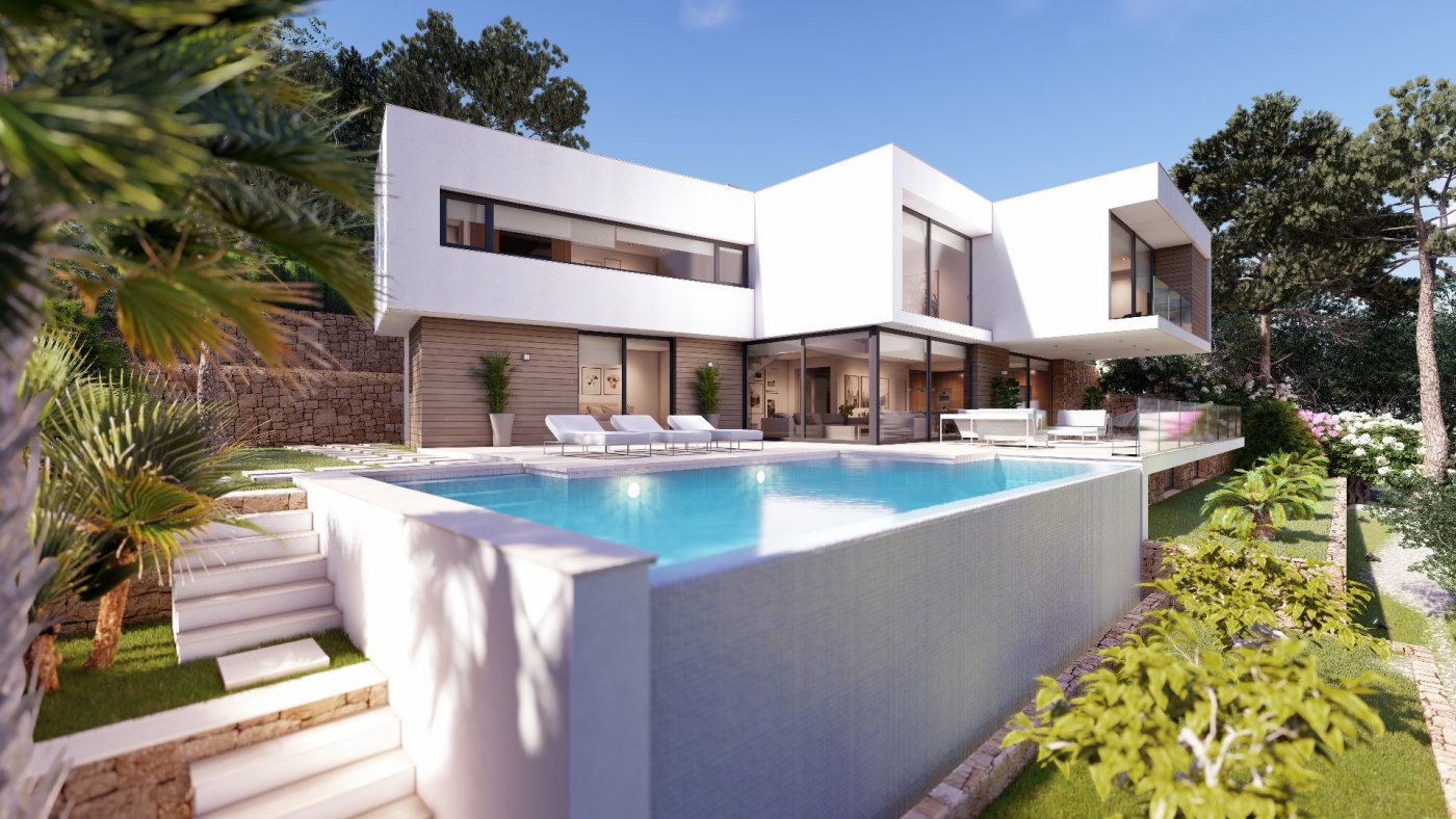 Außenansicht einer modernen Villa mit Infinity-Pool, weißer Geometrie und Holzverkleidung. Die Terrasse bietet Sonnenliegen und eine mediterrane Gartenlandschaft.