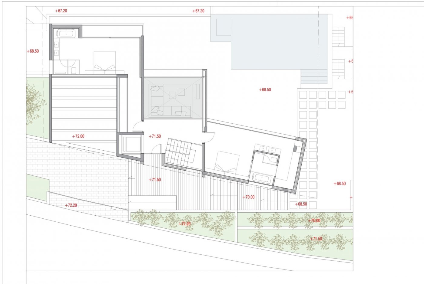 Detaillierter architektonischer Grundriss mit zwei Schlafzimmer-Suiten, zentralem Wohnbereich und einer großen Terrasse mit privatem Pool und Höhenangaben.