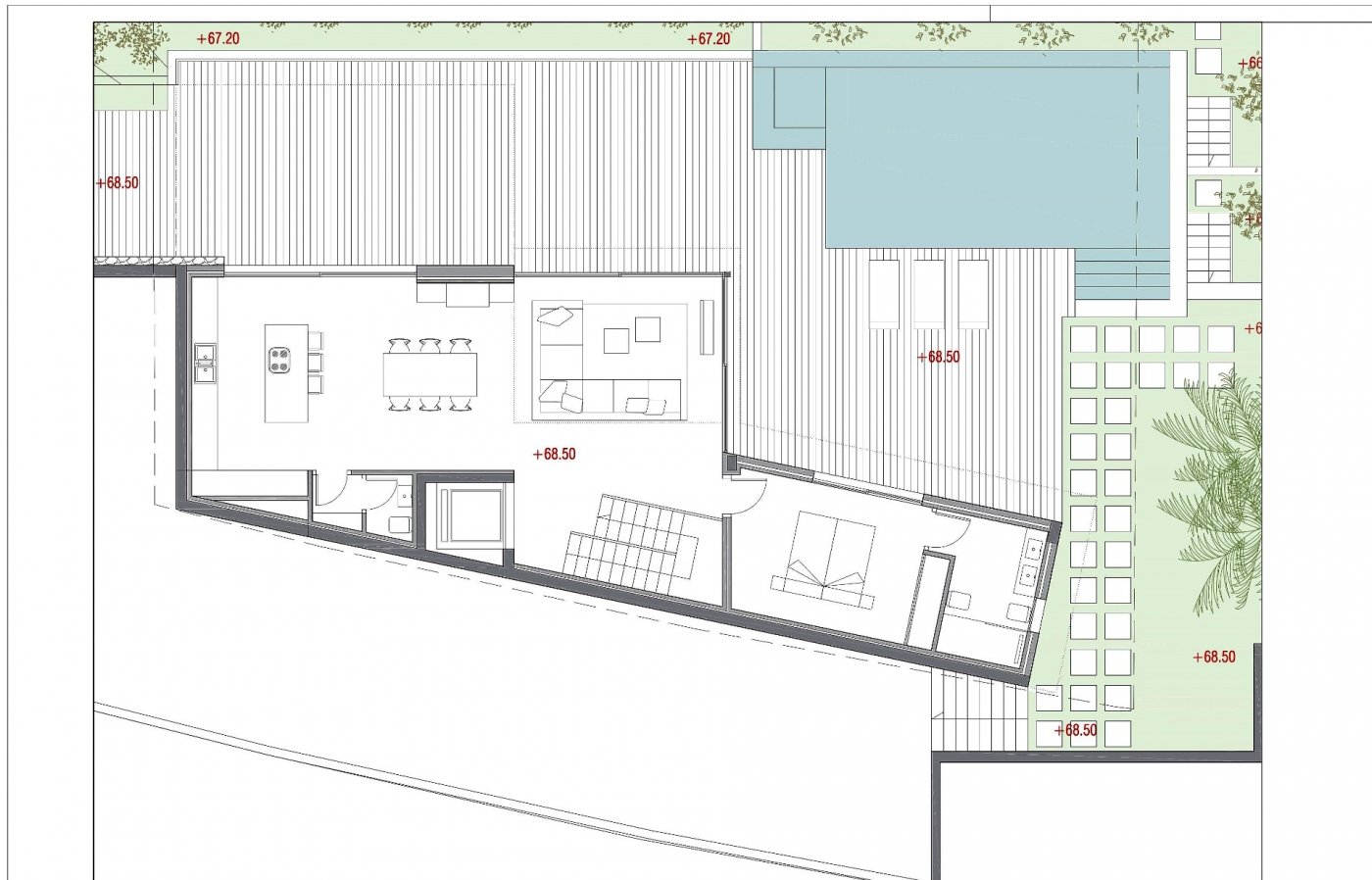 Detaillierter Grundriss mit offenem Wohn- und Essbereich, einer Master-Suite sowie einer großzügigen Terrasse mit privatem Pool und Holzdeck.