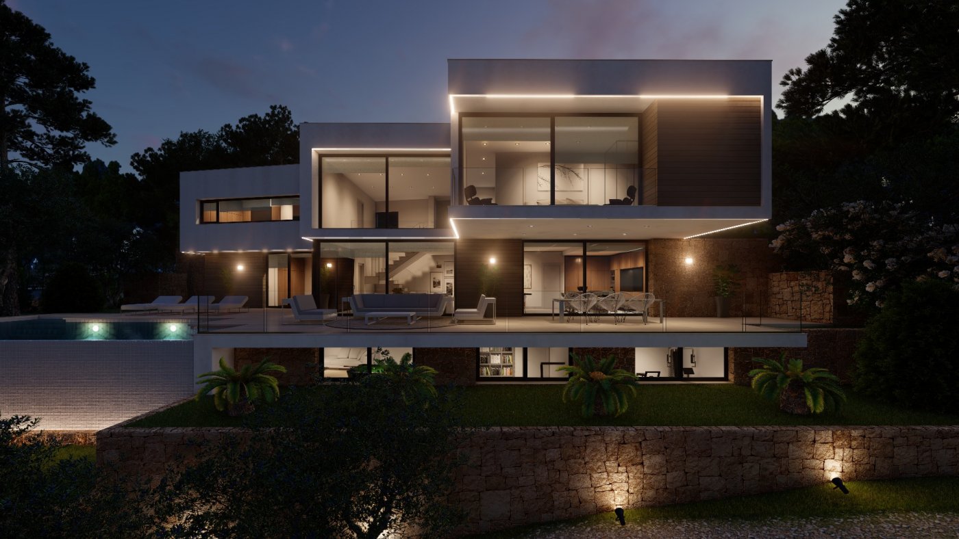 Moderne mehrstöckige Villa bei Dämmerung mit integrierter LED-Beleuchtung, großflächigen Glasfronten, Steinterrasse mit Lounge-Möbeln und gepflegtem Gartenbereich.