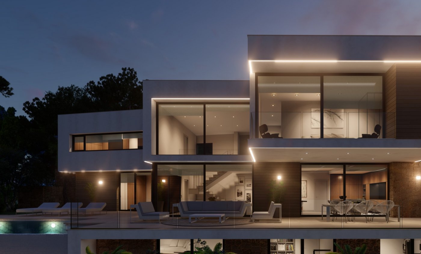 Moderne mehrstöckige Villenfassade bei Dämmerung mit integrierter LED-Beleuchtung, großen Glasfronten, Terrasse mit Loungemöbeln und Blick auf die Innentreppe.