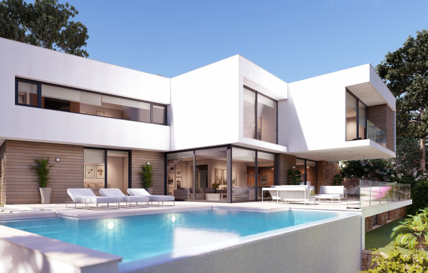 Moderne Villa mit weißen kubistischen Formen, Holzpaneelen und Infinity-Pool. Die Terrasse ist mit Sonnenliegen und bodentiefen Glasfronten ausgestattet.