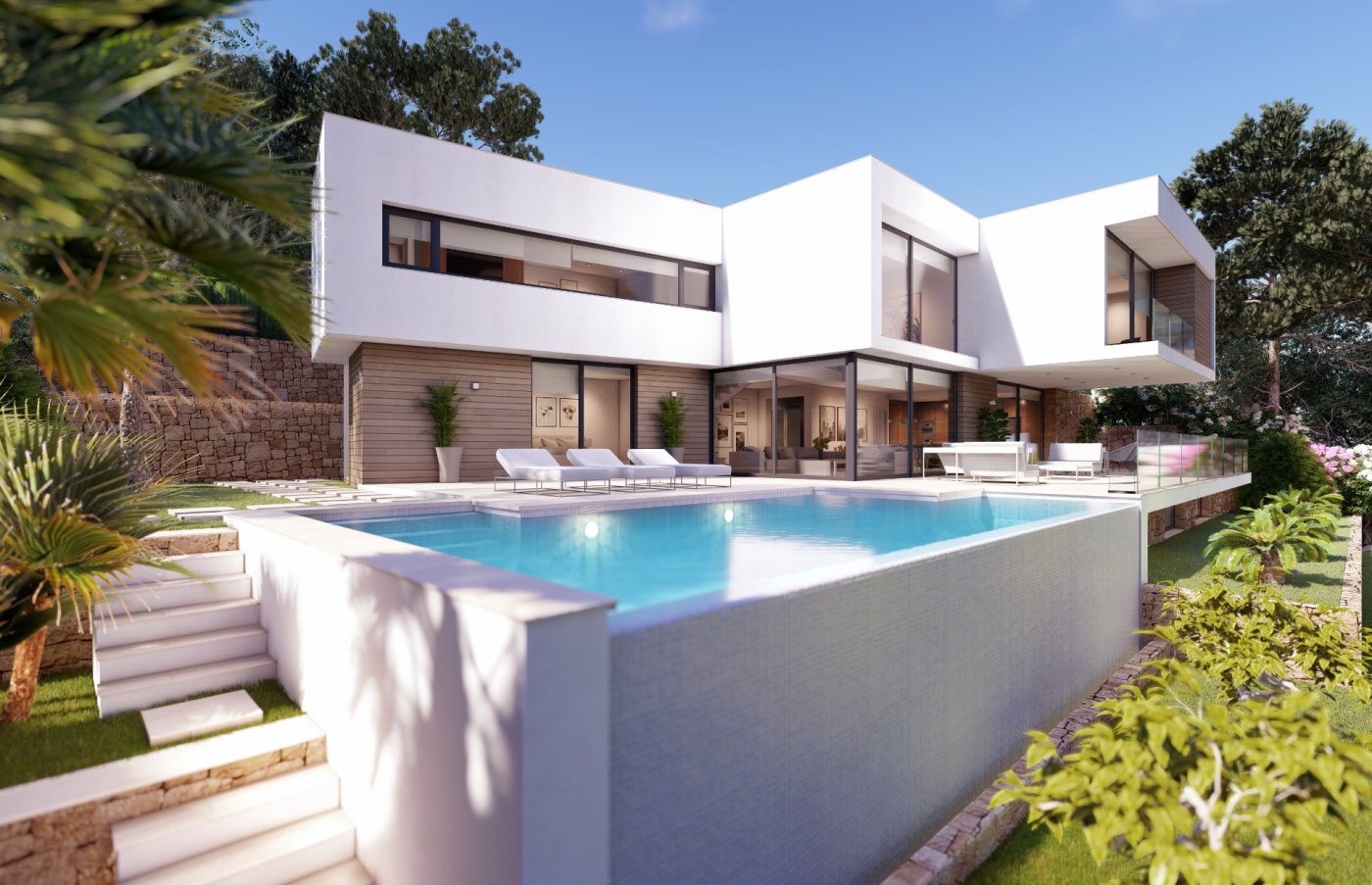 Moderne zweistöckige Villa mit weißen Kuben, Holzfassade und Infinity-Pool. Die Terrasse ist mit Sonnenliegen und Glasgeländern ausgestattet und blickt auf den Garten.