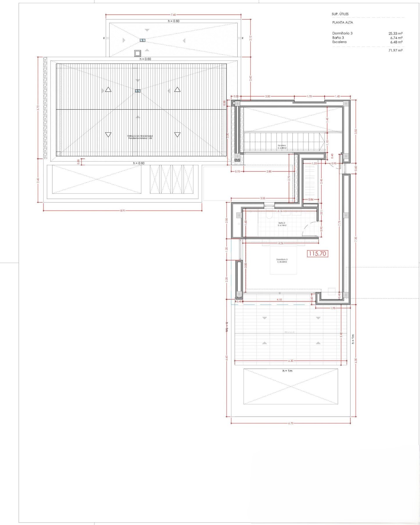 Architektonischer Grundriss des Obergeschosses mit Schlafzimmer 3, Badezimmer und Treppenhaus, inklusive detaillierter Maße und einer Gesamtnutzfläche von 71,97 m².