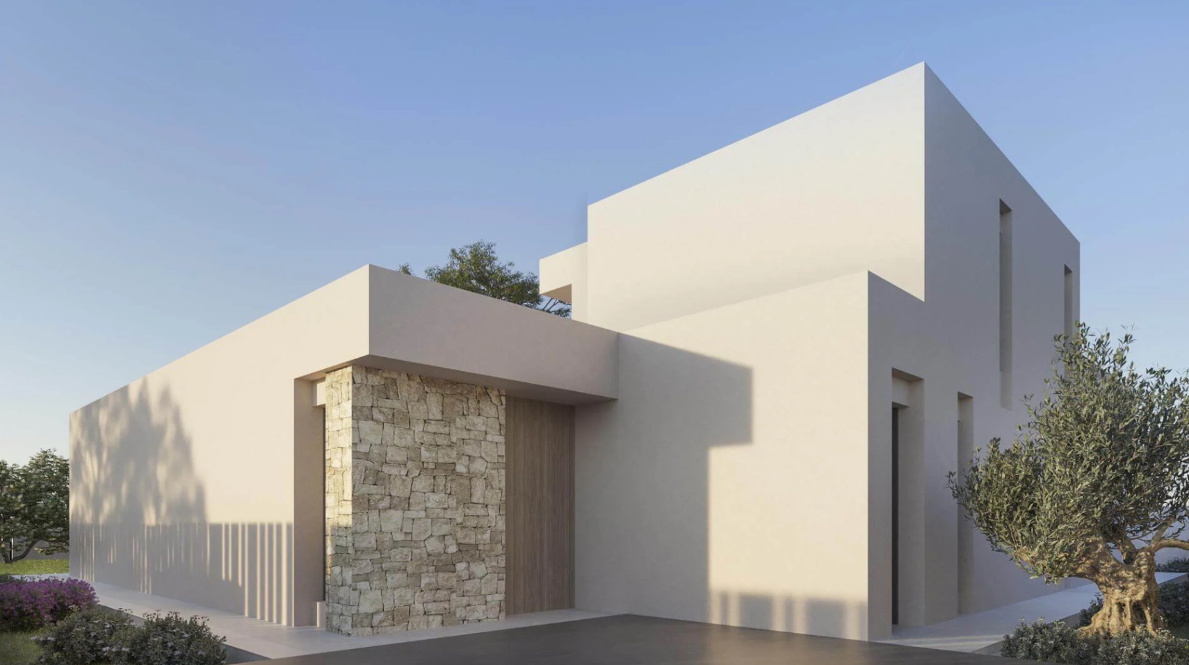 Außenansicht einer zeitgenössischen Villa mit minimalistischen weißen Kuben, einer Natursteinwand und einem Eingangsbereich aus Holz.