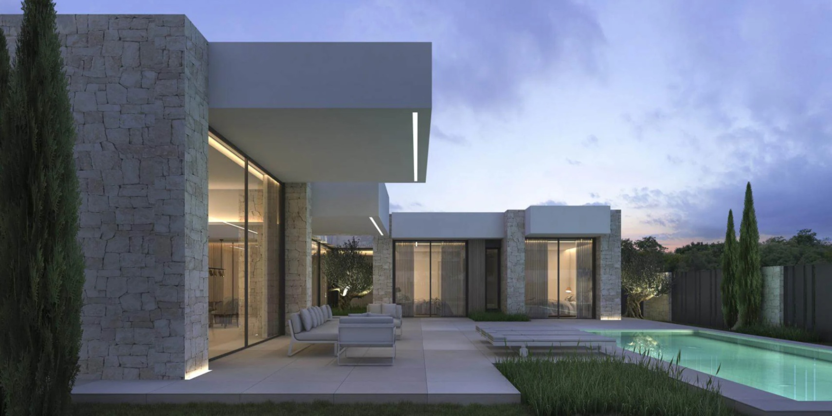 Moderne Villa mit Natursteinwänden, auskragenden Dächern mit LED-Beleuchtung, gefliester Terrasse mit Loungemöbeln und Pool in der Abenddämmerung.