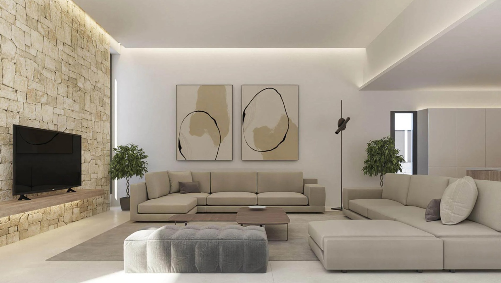 Modernes Wohnzimmer mit Natursteinwand, indirekter LED-Deckenbeleuchtung und großzügigen beigen Modulsofas in minimalistischem Design.