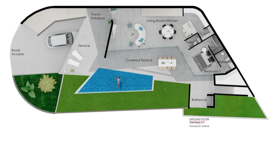 Detaillierter Grundriss des Erdgeschosses mit offenem Wohn-Essbereich, Hauptschlafzimmer, überdachter Terrasse und privatem Pool auf einem 344m2 Grundstück.