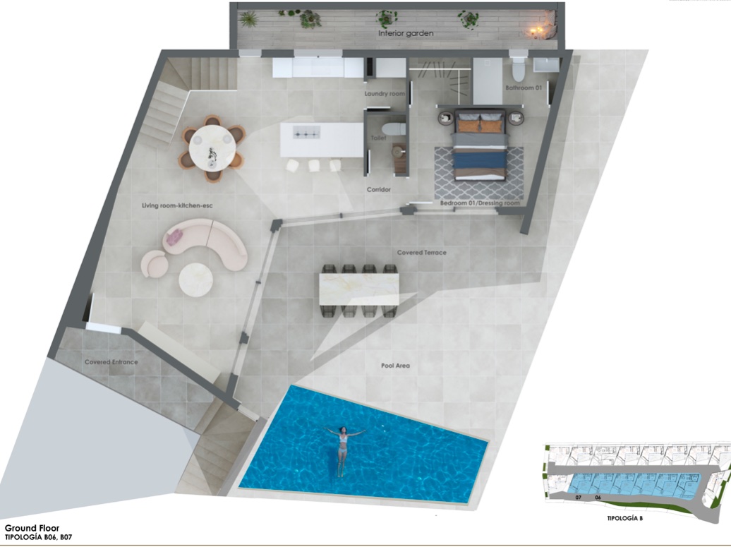 Detaillierter Grundriss des Erdgeschosses mit offenem Wohn- und Essbereich, Hauptschlafzimmer mit Ankleide und Terrasse mit privatem, geometrischem Pool.