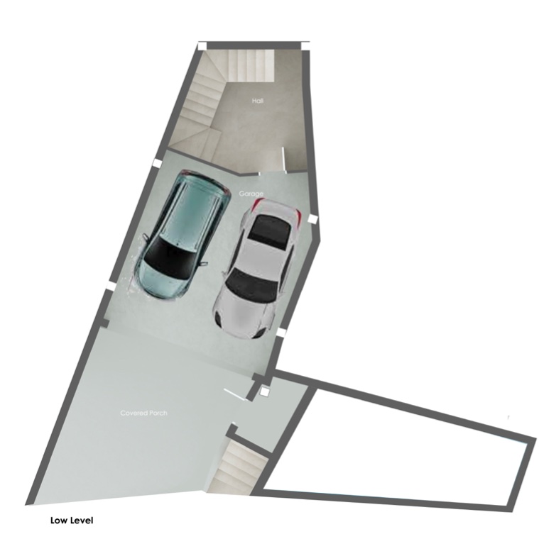 Grundriss des Untergeschosses mit Doppelgarage, überdachter Veranda und Flur mit Treppenaufgang zu den oberen Etagen.
