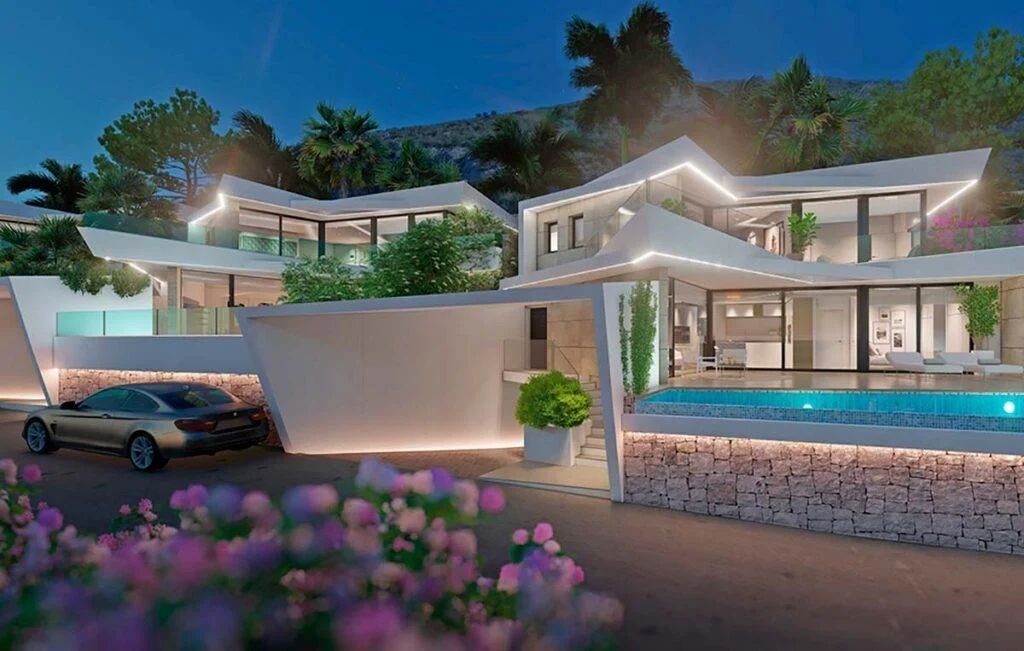 Moderne mehrstöckige Villa in der Dämmerung mit winkliger weißer Architektur, integrierter LED-Beleuchtung und einem Infinity-Pool mit Natursteinverkleidung.
