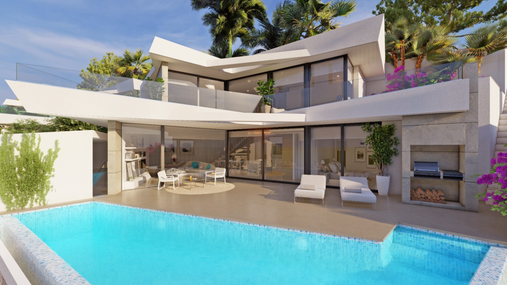 Moderne zweistöckige Villa mit Mosaikpool, Steinterrasse, integrierter Grillstation und markanter weißer Architektur, umgeben von Palmen und Vegetation.