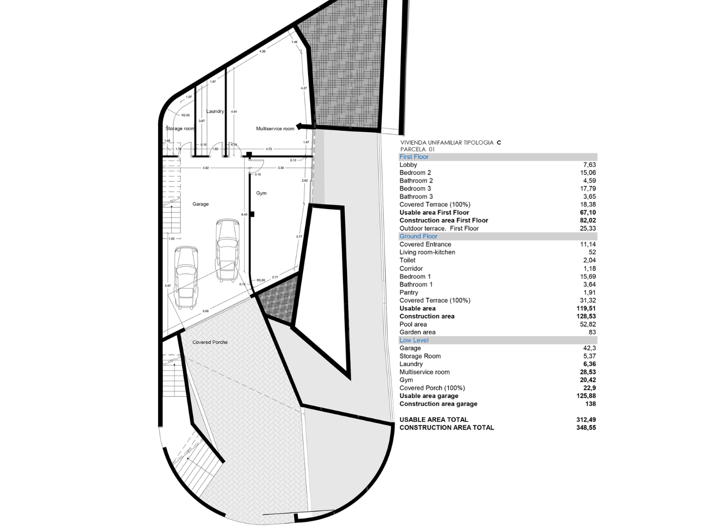 Technischer Grundriss der unteren Ebene mit Doppelgarage, Fitnessraum, Waschküche und Lagerräumen inklusive detaillierter Flächenaufstellung.