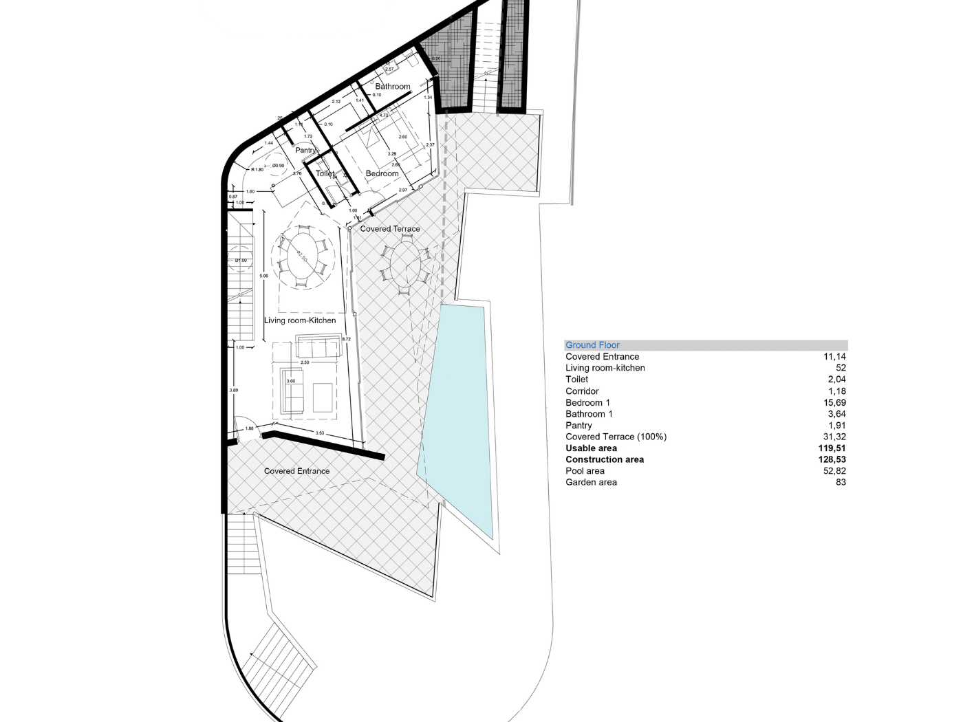 Technischer Grundriss des Erdgeschosses mit offenem Wohn-Essbereich, Schlafzimmer, Bad und einer großen überdachten Terrasse am privaten Pool.