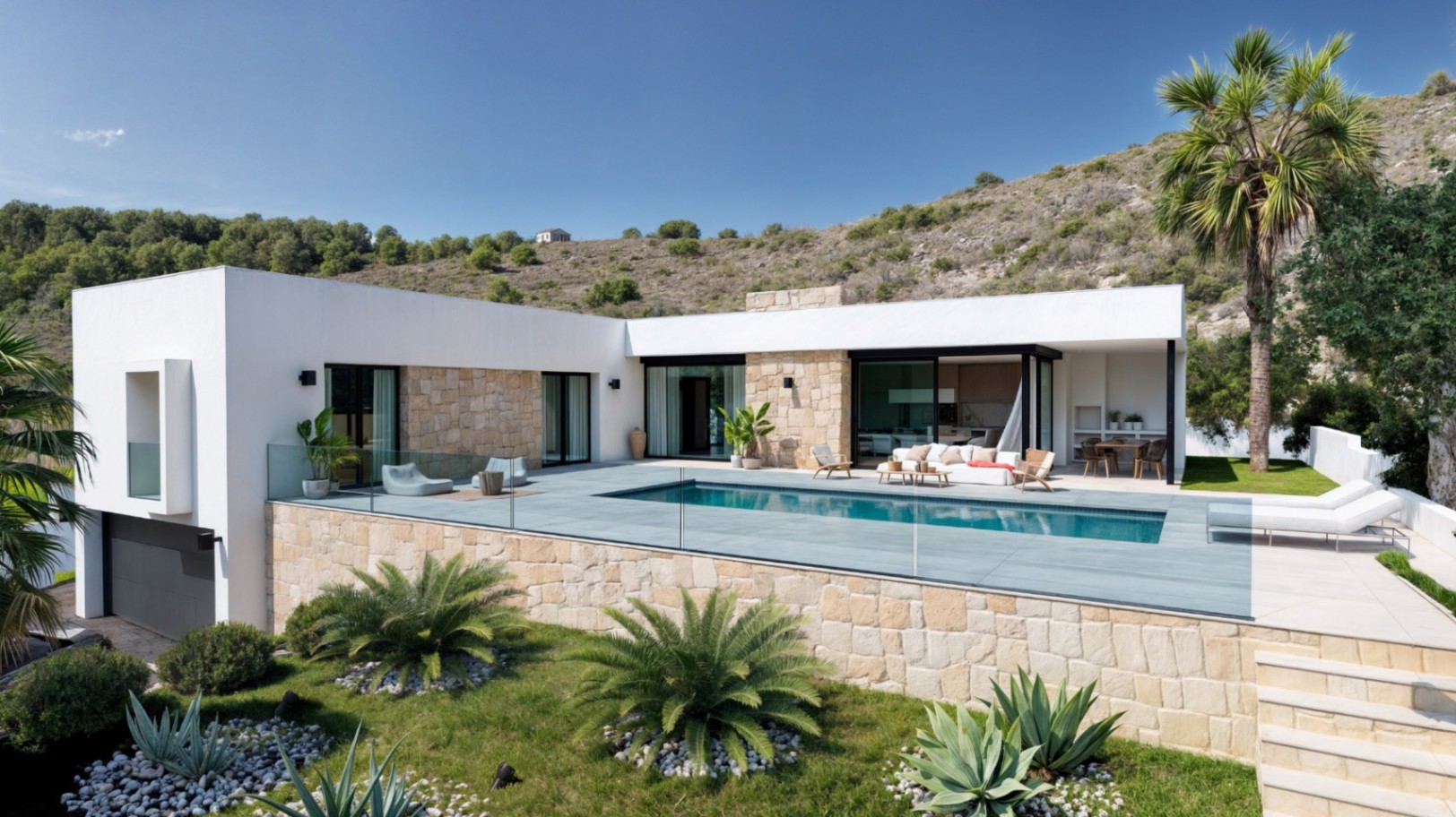 Moderne L-förmige Villa mit Natursteinfassaden, erhöhter Terrasse mit rechteckigem Pool und mediterranem Garten mit Palmen und Agaven.