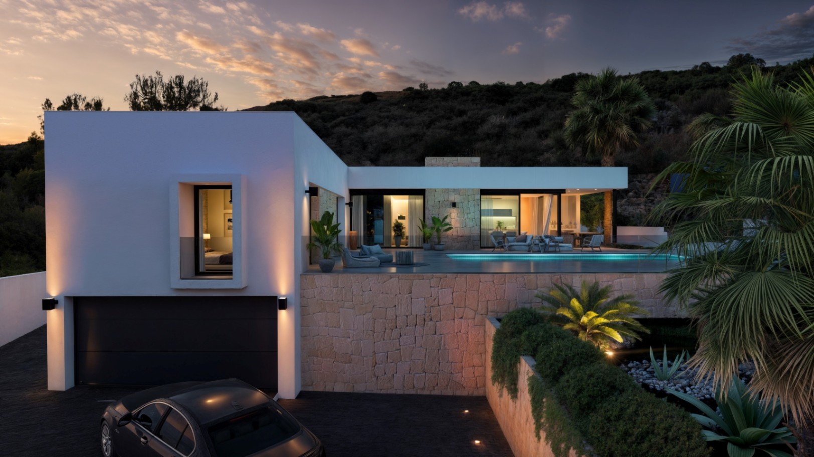 Moderne zweistöckige Villa mit weißer Fassade, Natursteinwänden und Infinity-Pool. Integrierte Außenbeleuchtung setzt die Garage und die Terrassen bei Dämmerung in Szene.