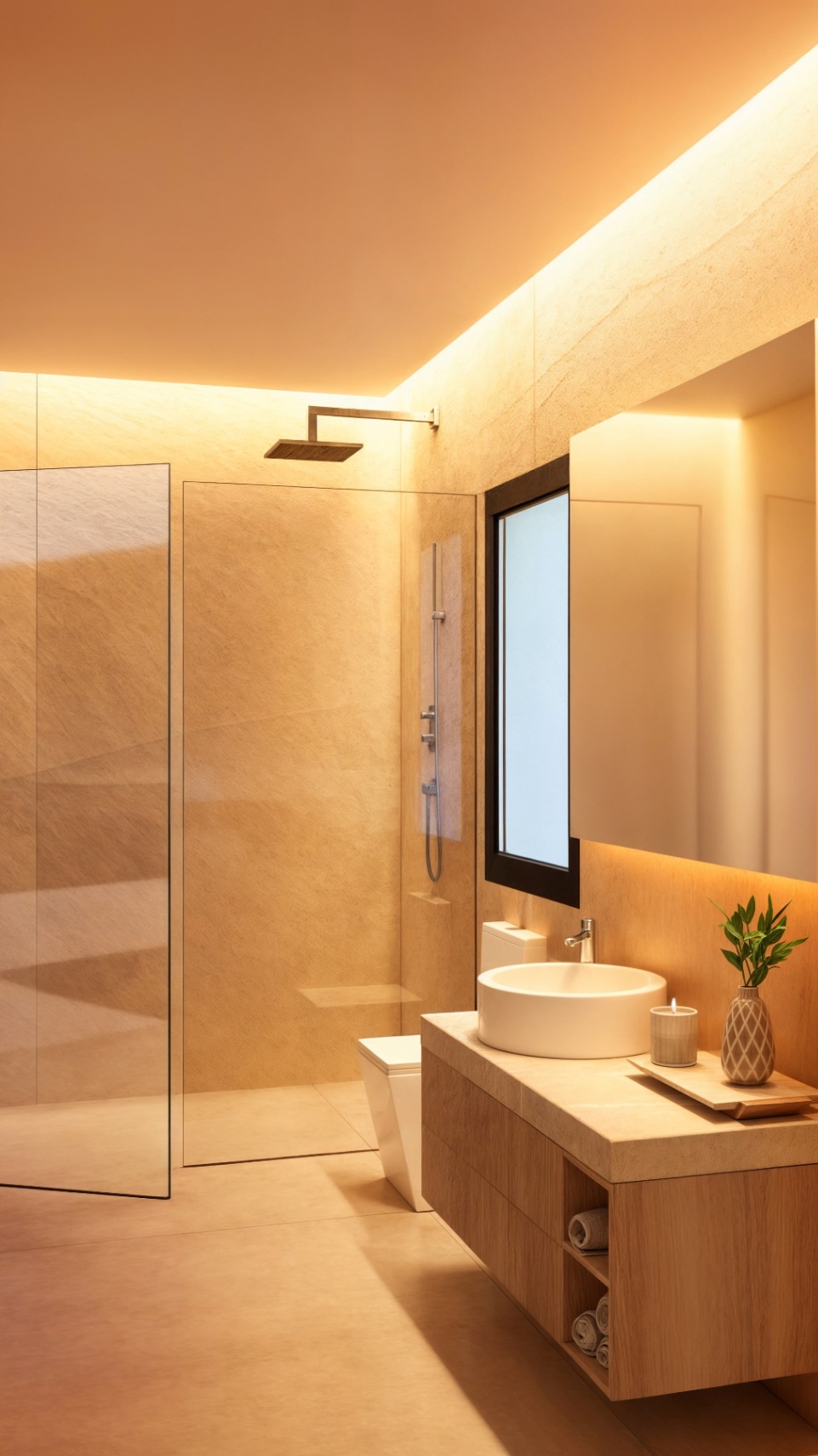 Modernes Badezimmer mit Glas-Walk-In-Dusche, schwebendem Holzwaschtisch mit Aufsatzbecken und indirekter LED-Beleuchtung an strukturierten Steinwänden.