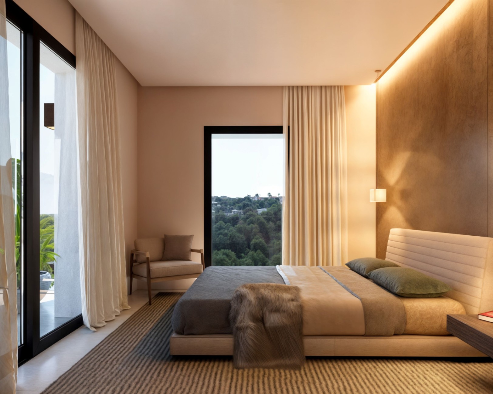 Modernes Hauptschlafzimmer mit strukturierter Akzentwand, integrierter LED-Beleuchtung, großen Glasschiebetüren zur Terrasse und Blick auf eine Waldlandschaft.