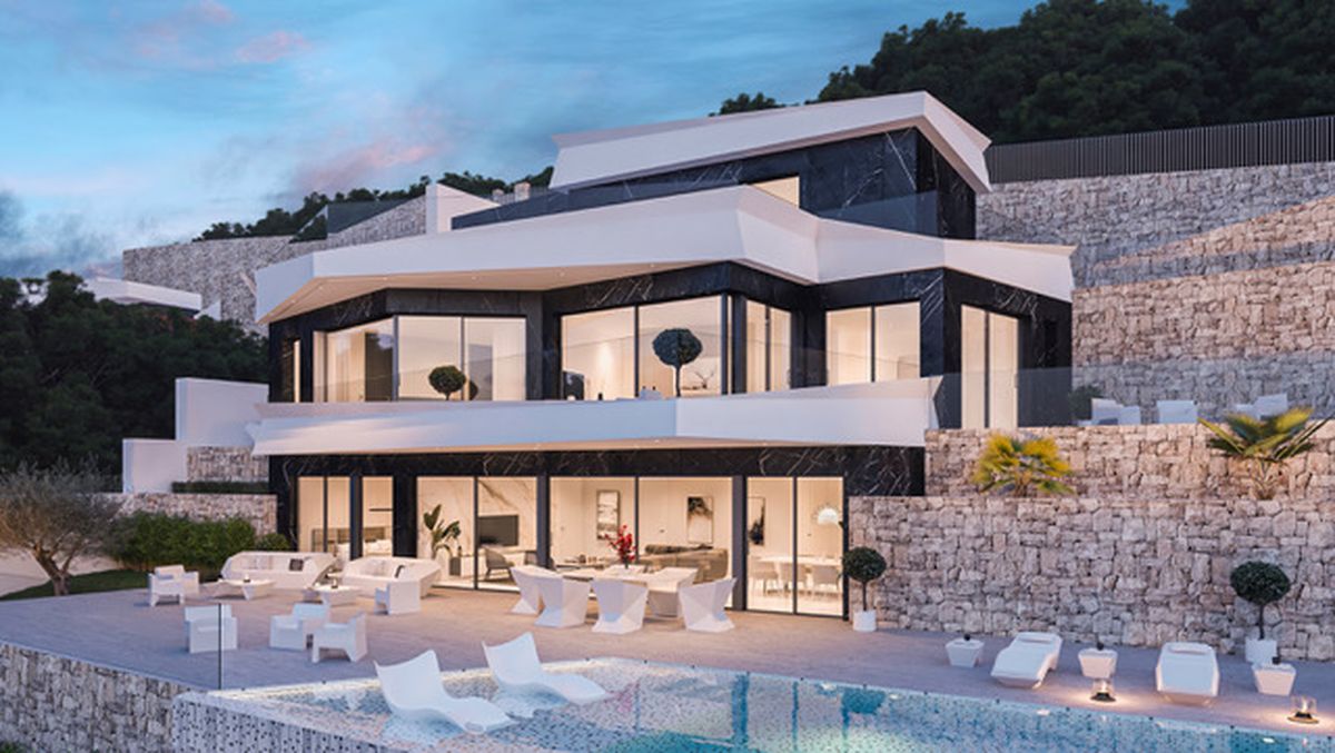 Moderne dreistöckige Villa mit schwarzer Marmorfassade, weißen Dachüberständen, großzügiger Terrasse mit Designermöbeln und Infinity-Pool vor Natursteinmauern.