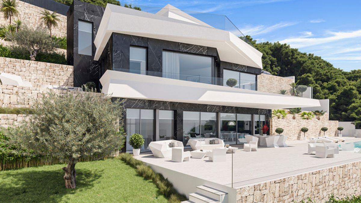 Moderne mehrstöckige Villa mit schwarzen Marmorfassaden, weißen Dachüberständen und einer weitläufigen Terrasse mit geometrischen Möbeln und Glasgeländern.