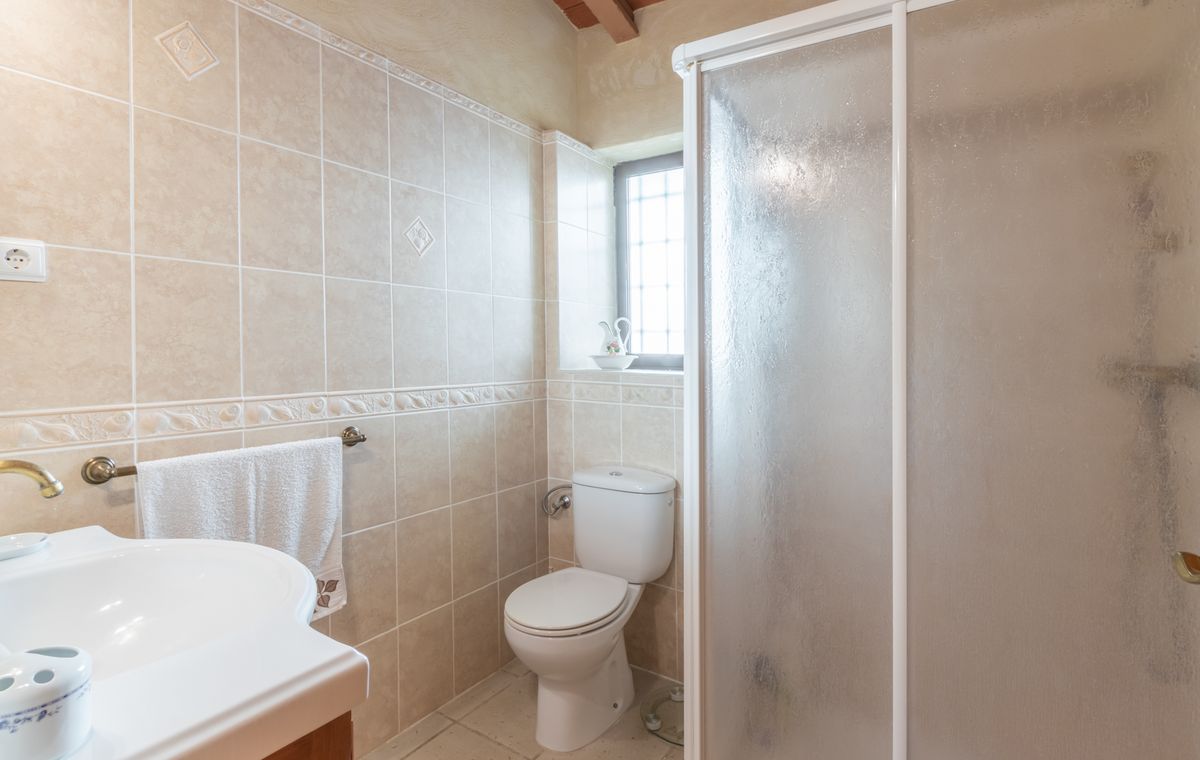 Badezimmer mit beigen Wandfliesen, dekorativen Bordüren, weißem WC und einer Duschkabine mit mattierten Türen unter sichtbaren Holzbalken.