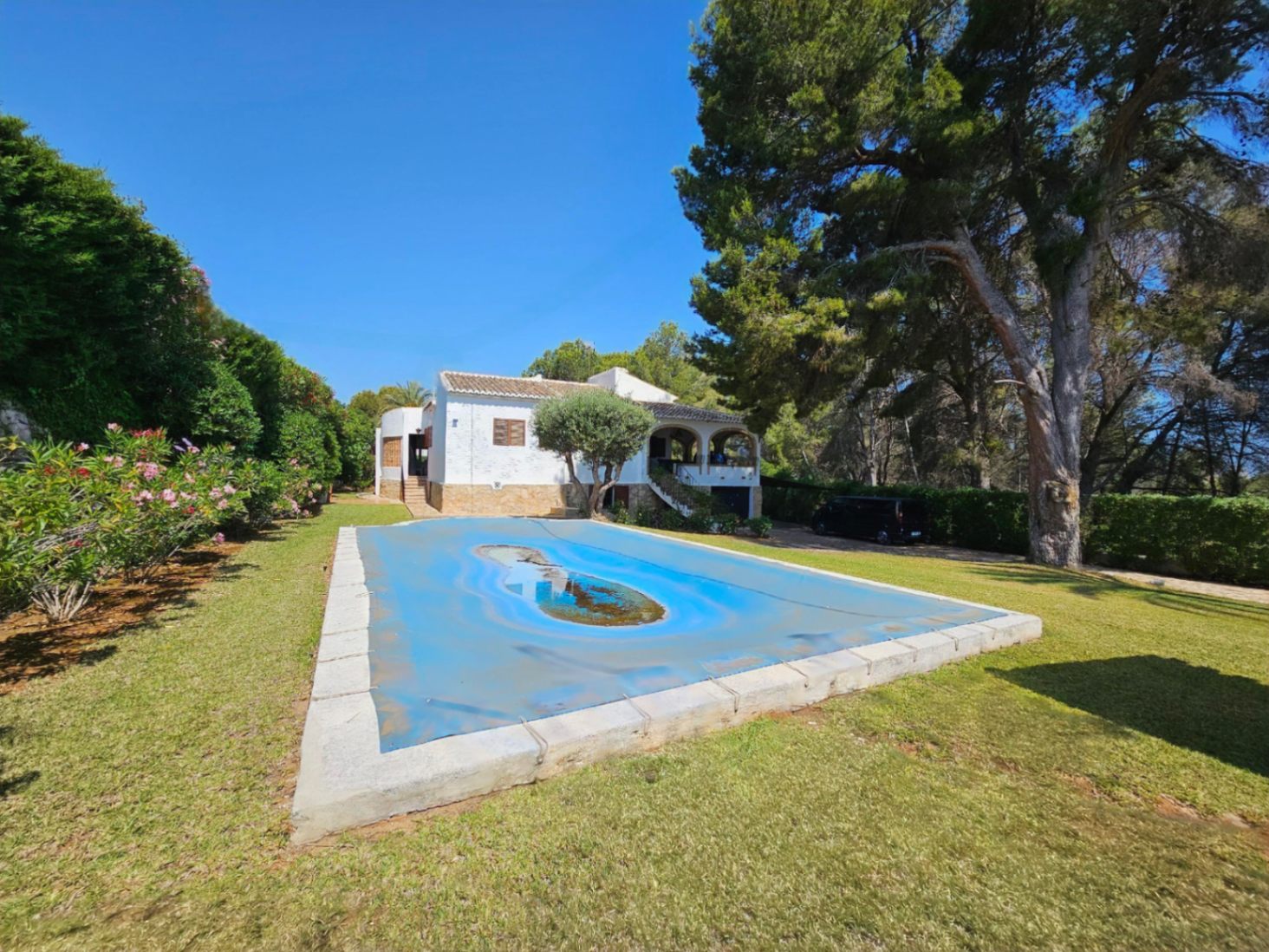 Mediterrane Villa mit weißer Fassade und Bogenterrasse, inklusive eines rechteckigen Pools mit blauer Abdeckung, umgeben von einer Rasenfläche und Pinien.
