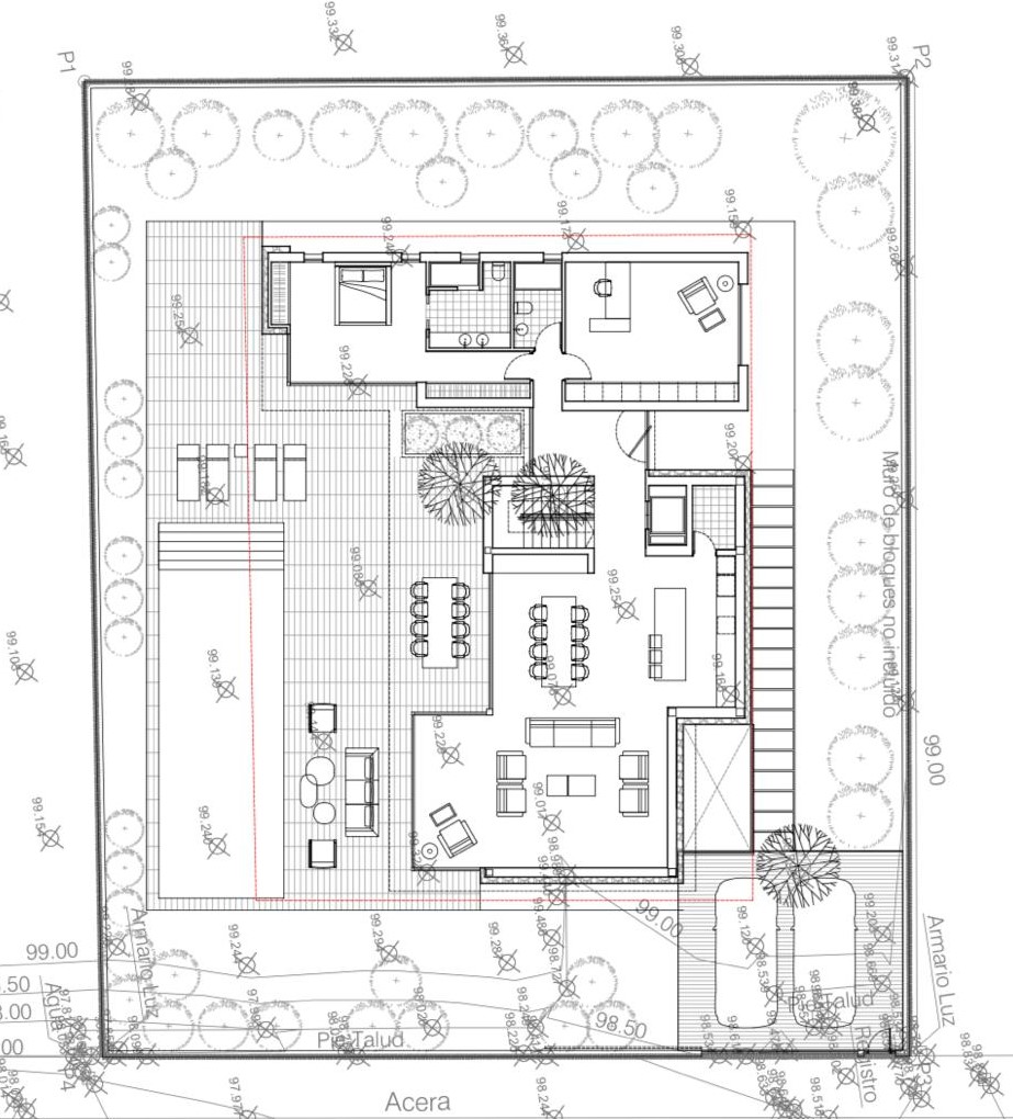 Architektonischer Lageplan einer modernen Villa mit Pool, Sonnenterrasse, offenem Wohnkonzept und begrüntem Außenbereich mit zwei Stellplätzen.