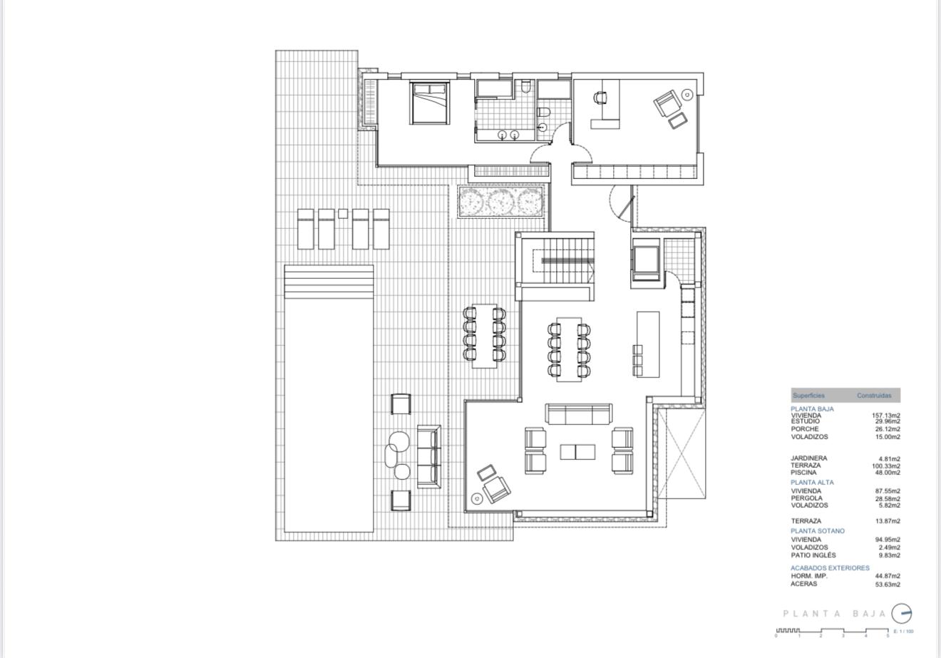 Detaillierter architektonischer Grundriss des Erdgeschosses mit offenem Wohnbereich, Küche mit Insel, Außenterrasse mit Pool und einem Schlafzimmer mit Bad.
