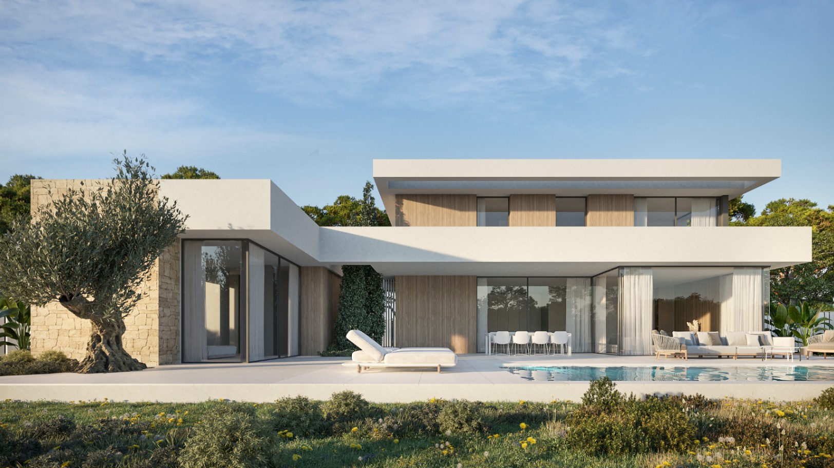 Moderne zweistöckige Villa mit weißer Fassade, Holzpaneelen und Pool. Der Außenbereich umfasst eine Natursteinmauer, einen Olivenbaum sowie integrierte Ess- und Loungebereiche.