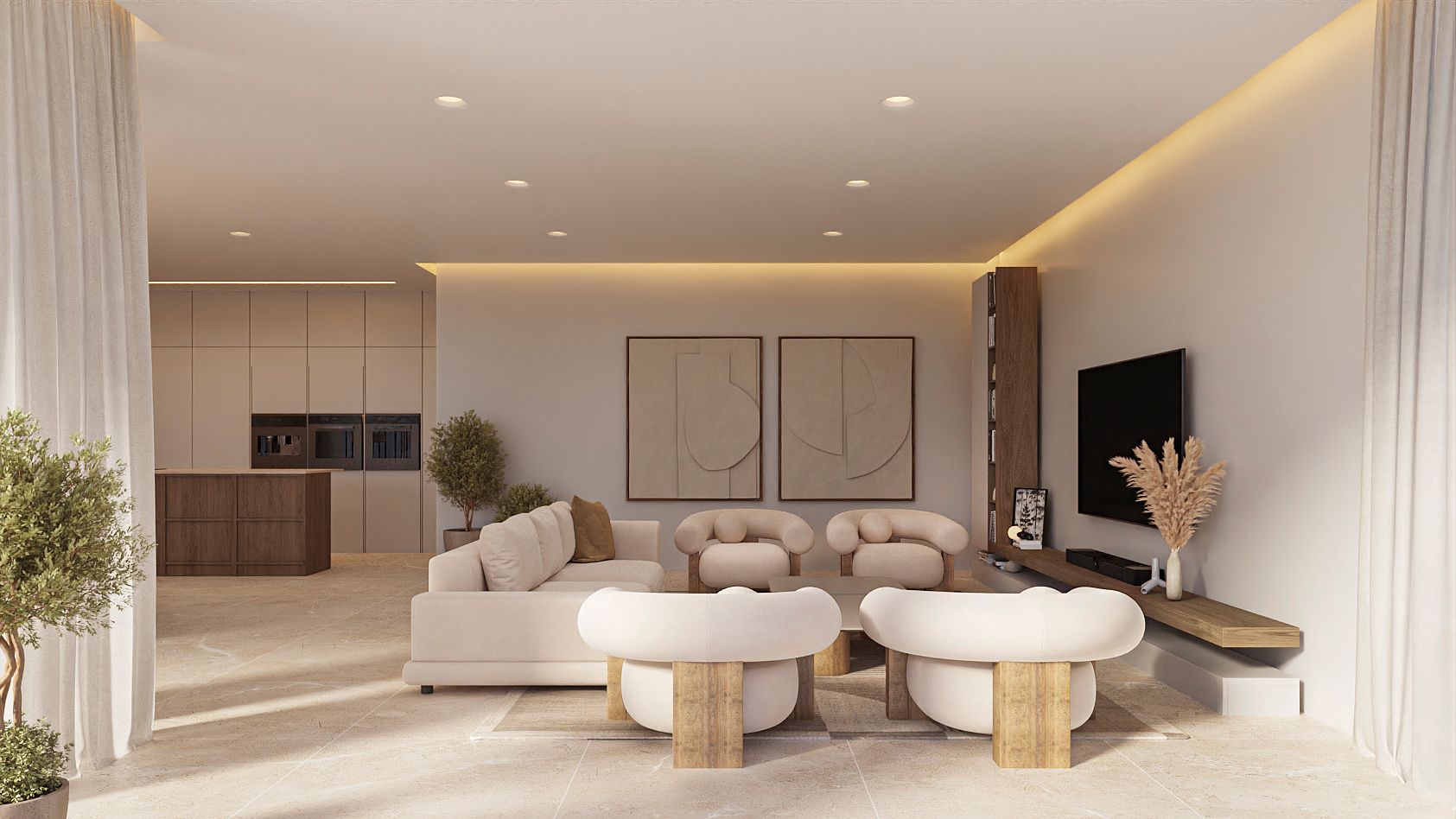 Offener Wohnbereich mit skulpturalen Sesseln, neutralem Sofa und schwebendem TV-Board aus Holz. Der Raum bietet eine minimalistische Küche mit einer dunklen Holzinsel.