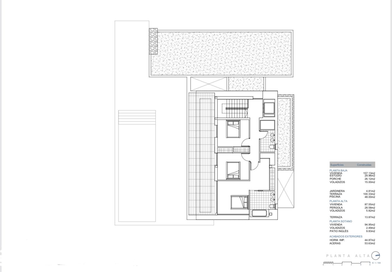 Technischer Grundriss des Obergeschosses mit Aufteilung der Schlafzimmer, Bäder und Terrasse sowie einer detaillierten Tabelle der bebauten Flächen.