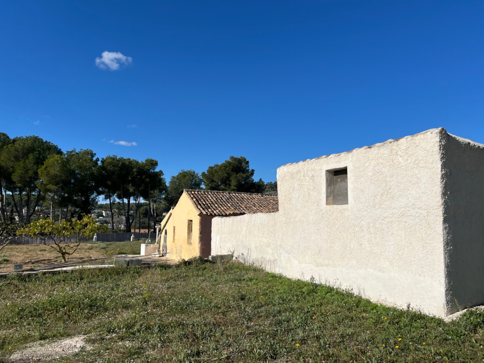 Außenansicht der traditionellen Finca mit weißem und ockerfarbenem Rauputz, Terrakotta-Ziegeldach und naturbelassenem Grundstück unter blauem Himmel.
