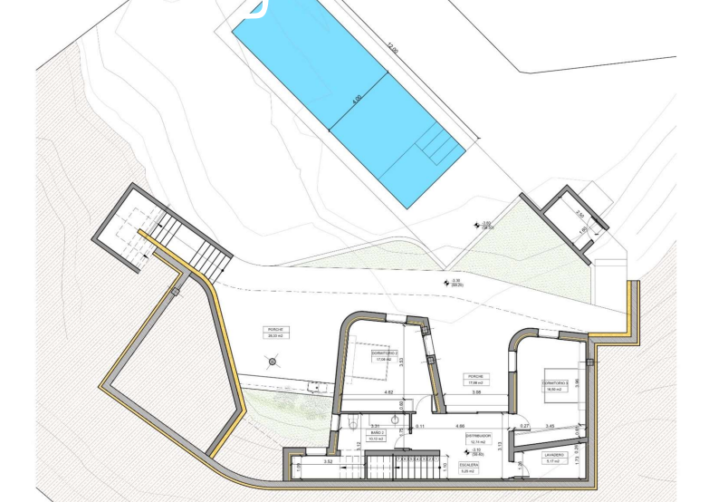 Architektonischer Grundriss mit einem 12x4 Meter großen Pool, zwei Schlafzimmern, einem Badezimmer und einem Hauswirtschaftsraum sowie Außenveranden.