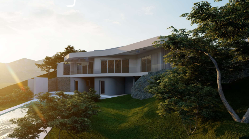 Moderne zweistöckige Villa mit geschwungener Dachlinie, Natursteinmauern und bodentiefen Glasfronten in Hanglage bei Abenddämmerung.