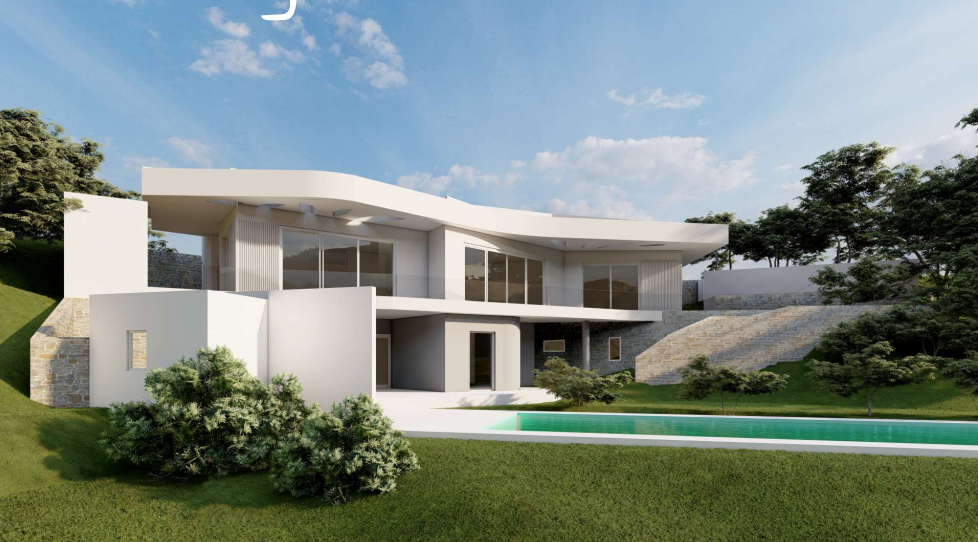 Moderne zweistöckige Villa mit markantem geschwungenem Dach, großflächigen Glasfronten und einem rechteckigen Pool inmitten einer gepflegten Rasenfläche.